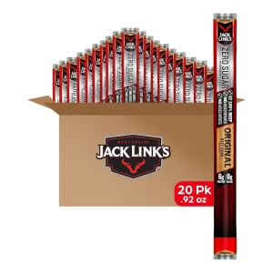 jack link’s beef sticks, original zero sugar – protein snack, meat stick with 6g of protein, meat snack sticks made with 100% beef, keto & paleo diet ready, individually wrapped – 0.92 oz. (20 count)