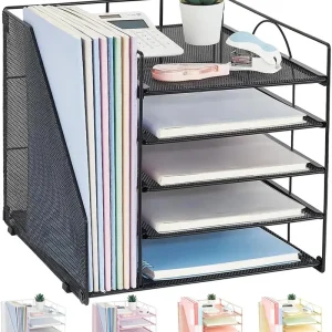 desk organizers and accessories, 5 tier paper letter tray organizer with file holder, desktop organizer for office supplies, office desk accessories & workspace (black)