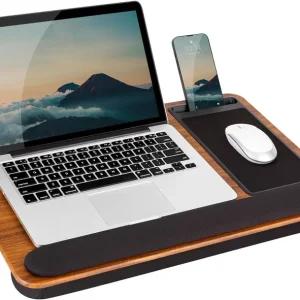 lapgear home office pro lap desk with wrist rest, mouse pad, and phone holder – espresso woodgrain – fits up to 15.6 inch laptops – style no. 91612